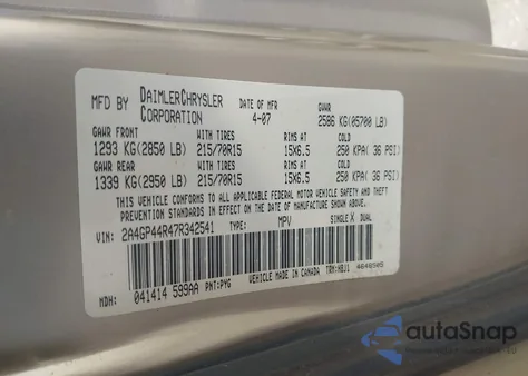 2007 Chrysler Town & Country Lx z USA, uszkodzony, nr VIN 2A4GP44R47R342541